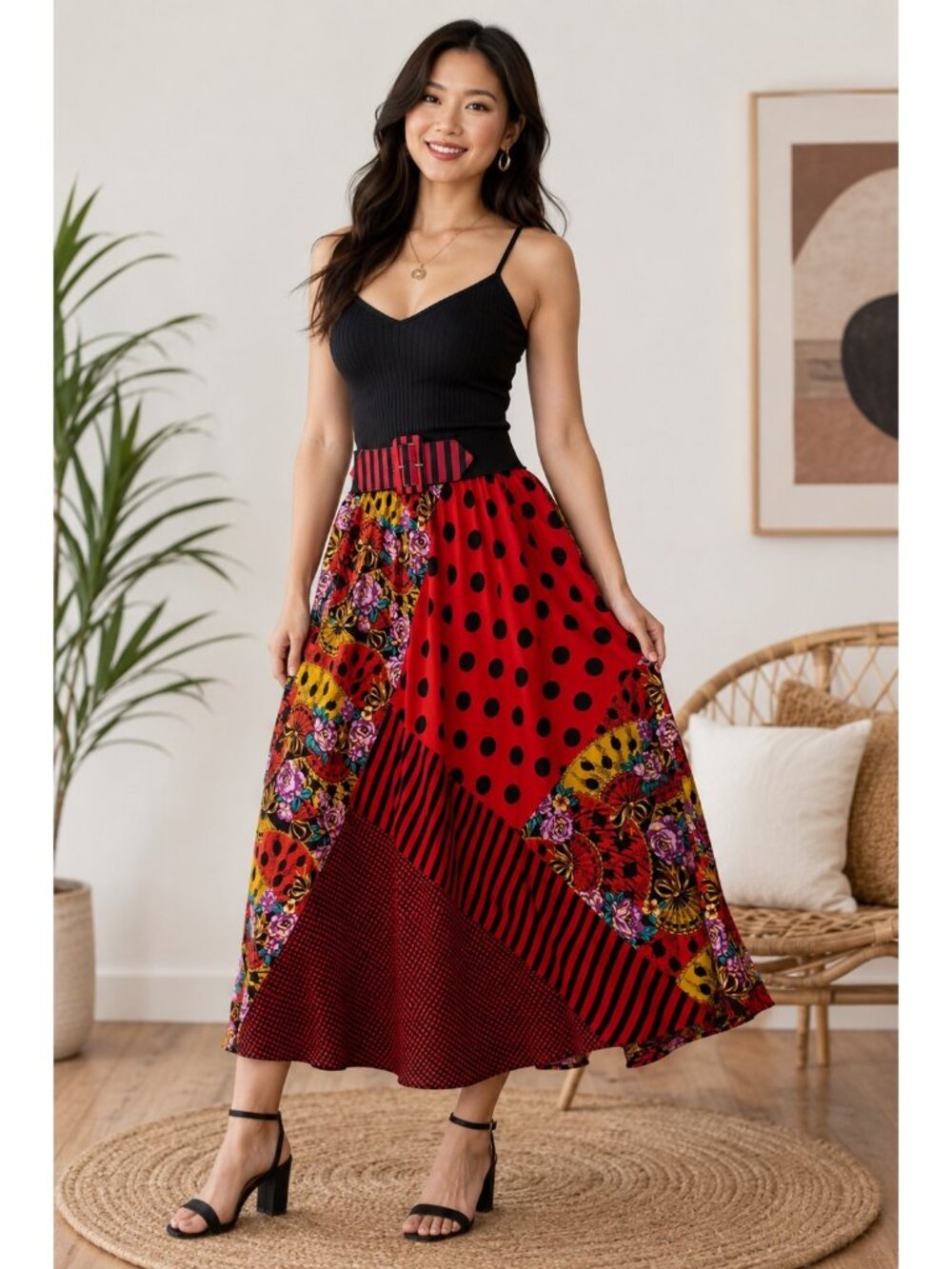 Vintage N.R.1 Patchwork Polka Dot Midi Skirt Womens 10 Red Black Boho USA